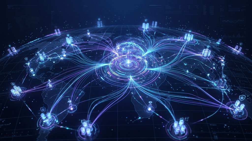 Beyond the Perimeter: Why Zero Trust & Agentic AI Are Changing IT Security Forever 1 Conceptual visualization of artificial intelligence managing a global cloud network grid for IT security
